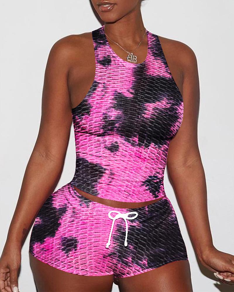 

Tie Dye Print Textured Drawstring Active Set, Hot pink