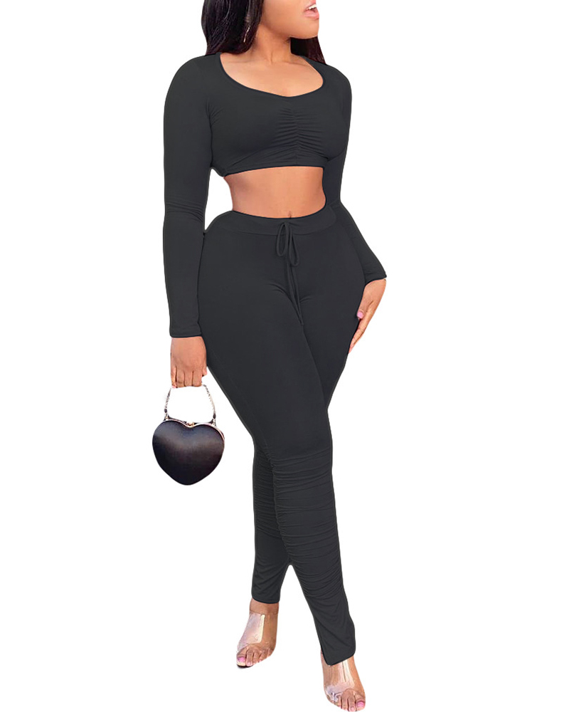 

Long Sleeve Ruched Skinny Top & Drawstring Pants Set, Black