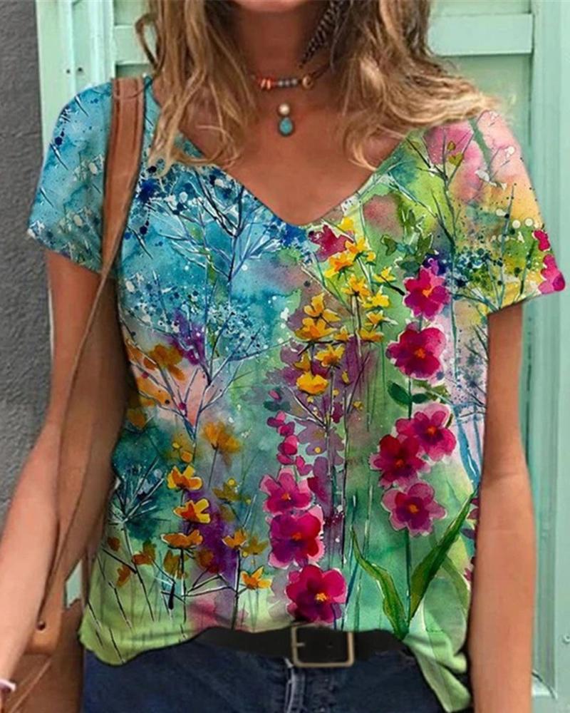 

Floral Print Short Sleeve V Neck Casual T-Shirt, Style1