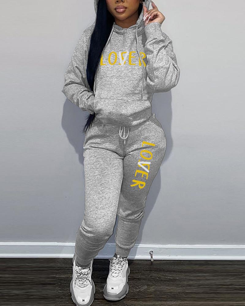 

Letter Print Long Sleeve Hoodie & Drawstring Pants Set, Gray
