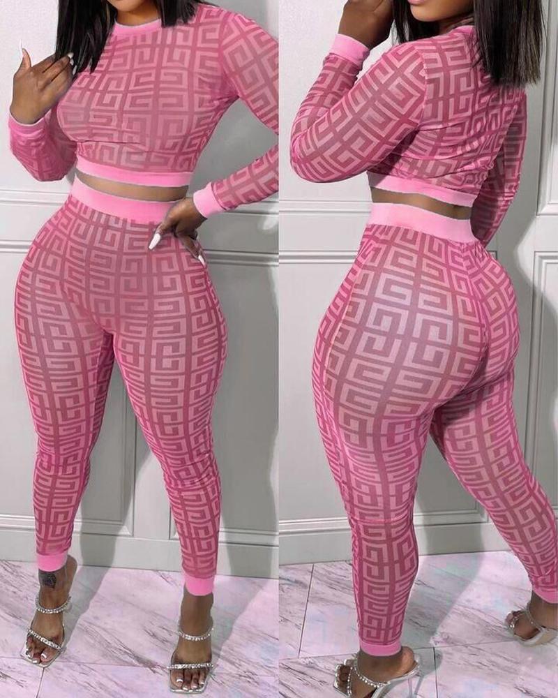 

Geometric Print Long Sleeve Crop Top & Pants Set, Rose red