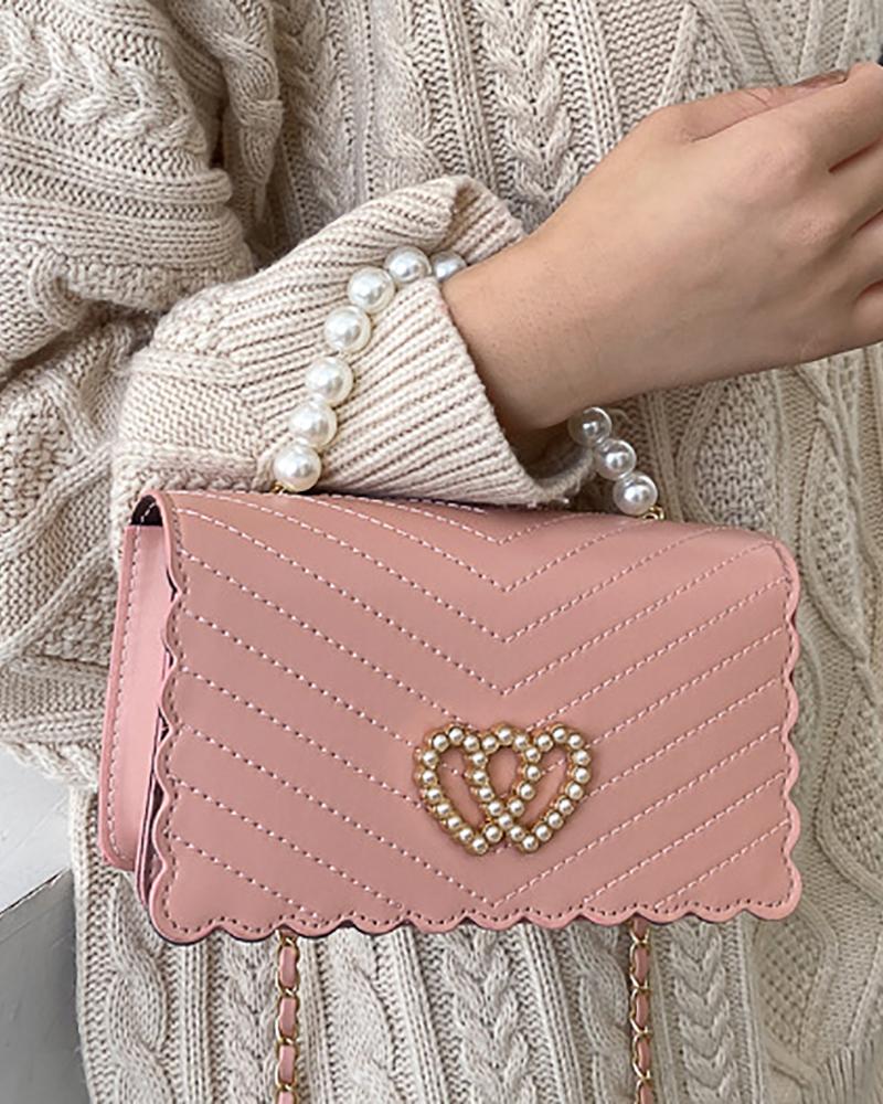 

Heart Pattern Beaded Chevron Satchel Bag, Pink