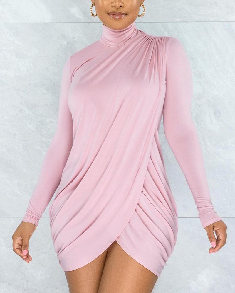 

Asymmetrical Draped Detail Long Sleeve Mini Dress, Pink