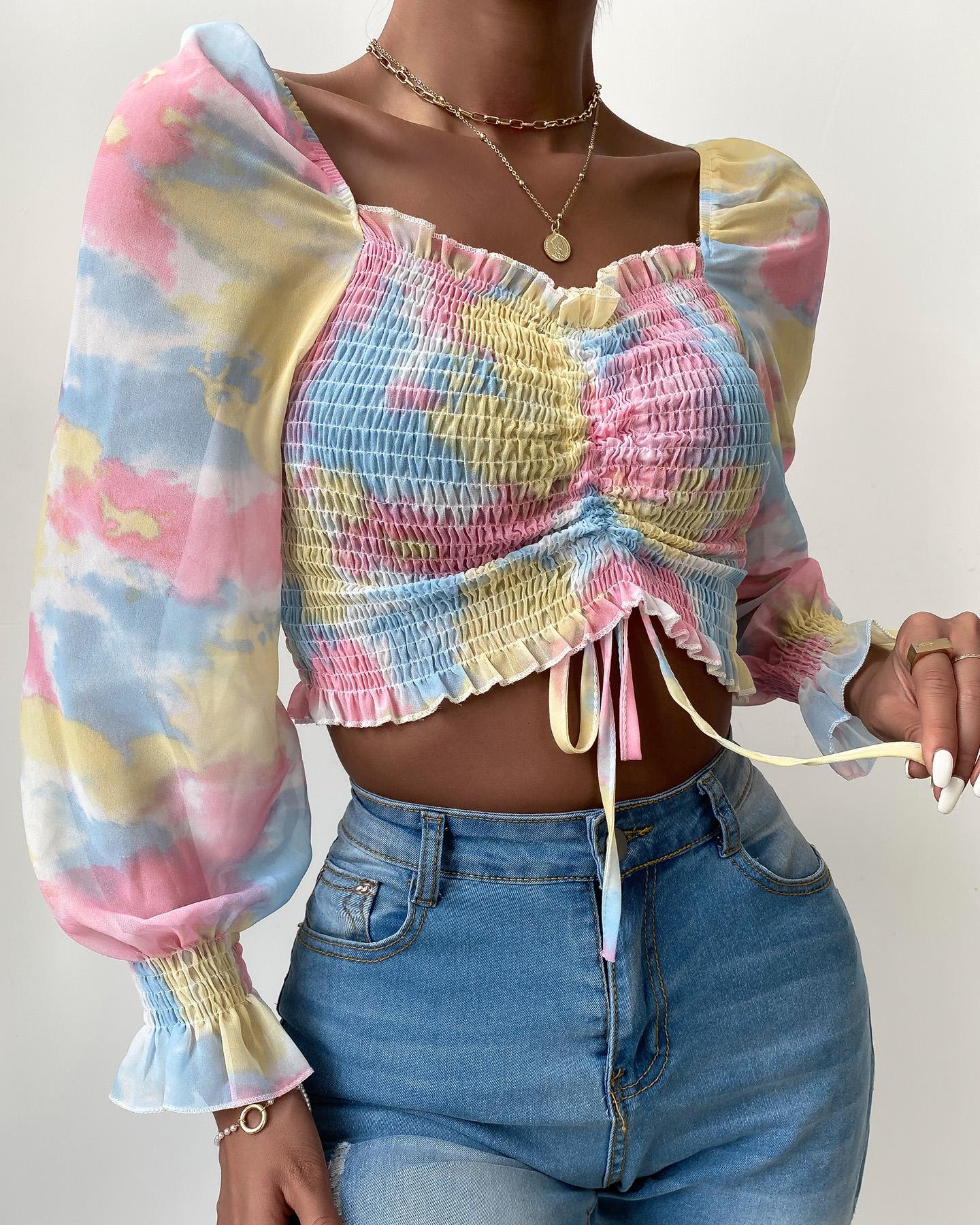 

Tie Dye Print Shirred Puff Lantern Sleeve Top, Multicolor