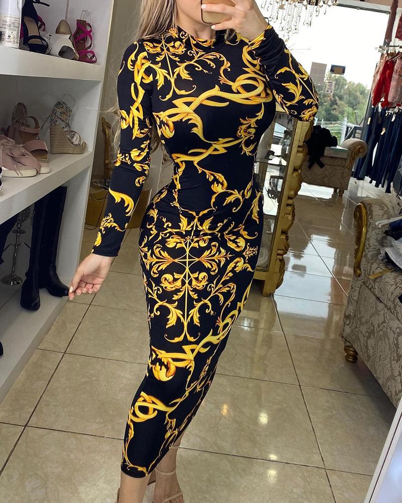 

Scarf Print Long Sleeve Maxi Dress, Black