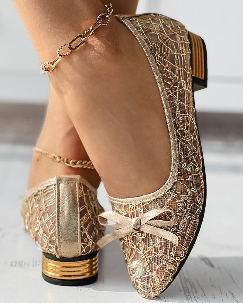 Bowknot Decor Mesh Sequin Loafers