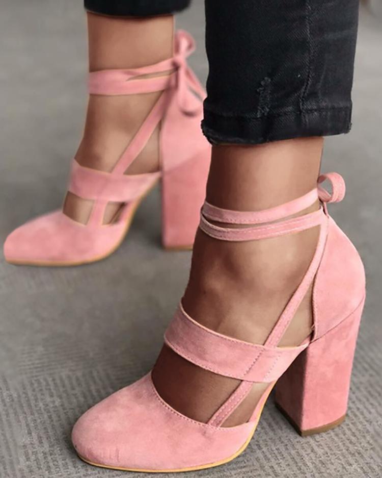 

Fashion Caged Chunky Heels Shoes, Pink