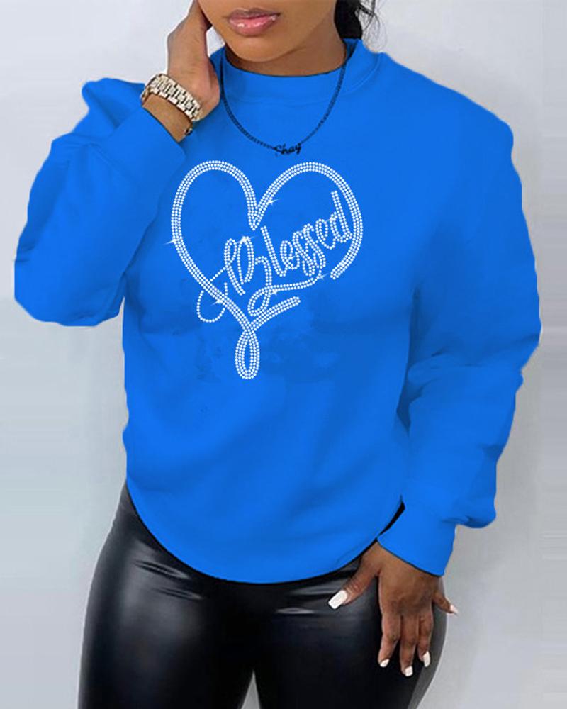 

Plus Size Rhinestone Letter Heart Pattern Sweatshirt, Blue