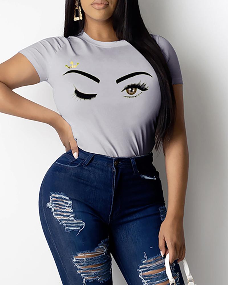 

Eyes Print Short Sleeve Casual T-shirt, Gray
