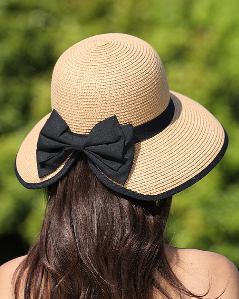 

Bowknot Decor Contrast Tape Wide Brim Straw Hat, Coffee