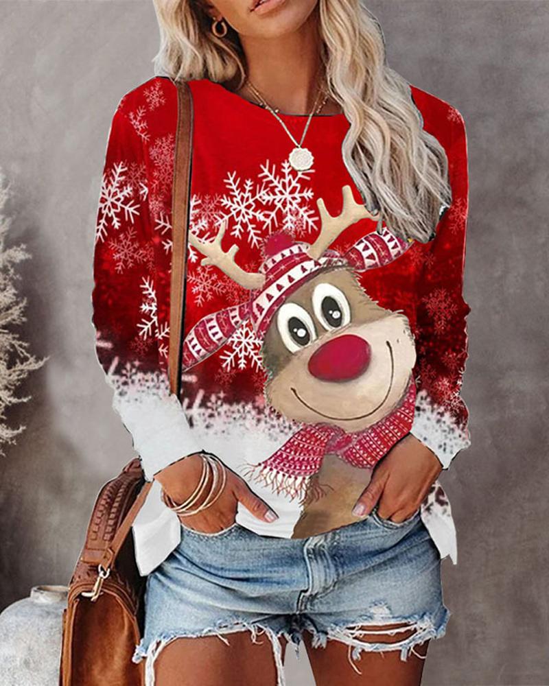 

Christmas Snowflake Elk Print Long Sleeve Top, Red