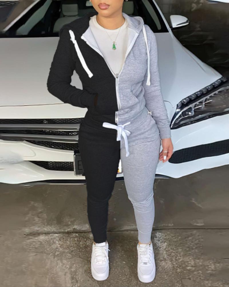 

Colorblock Long Sleeve Zip Up Top & Pants Set, Black