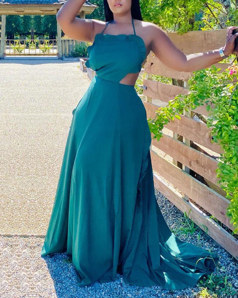 

Halter Backless Ruffle Trim Maxi Dress, Green