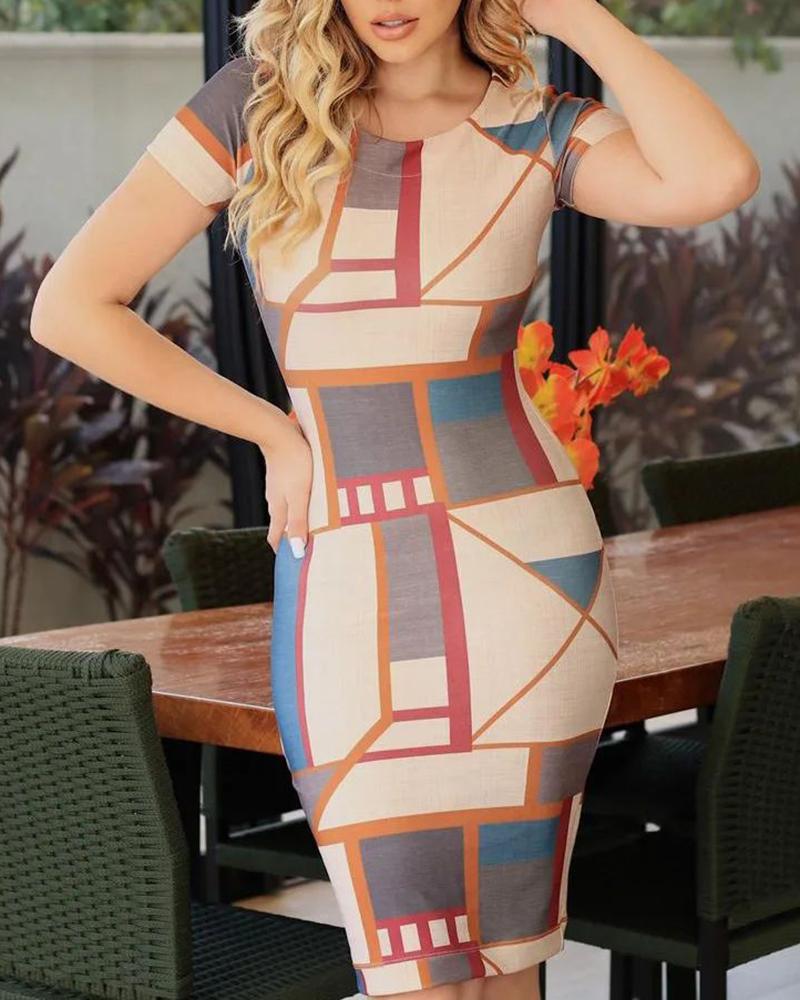 

Geometric Print Short Sleeve Bodycon Dress, Apricot