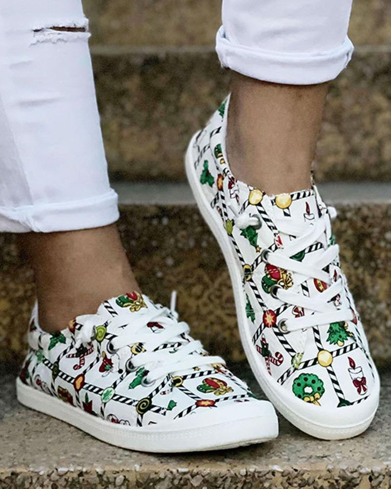 

Christmas Graphic Print Lace-up Canvas Slip-On, White&green