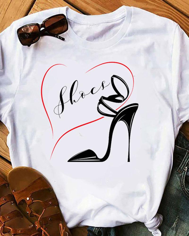 

Heart Letter Graphic Heel Print Crew Neck Casual T-shirt, White