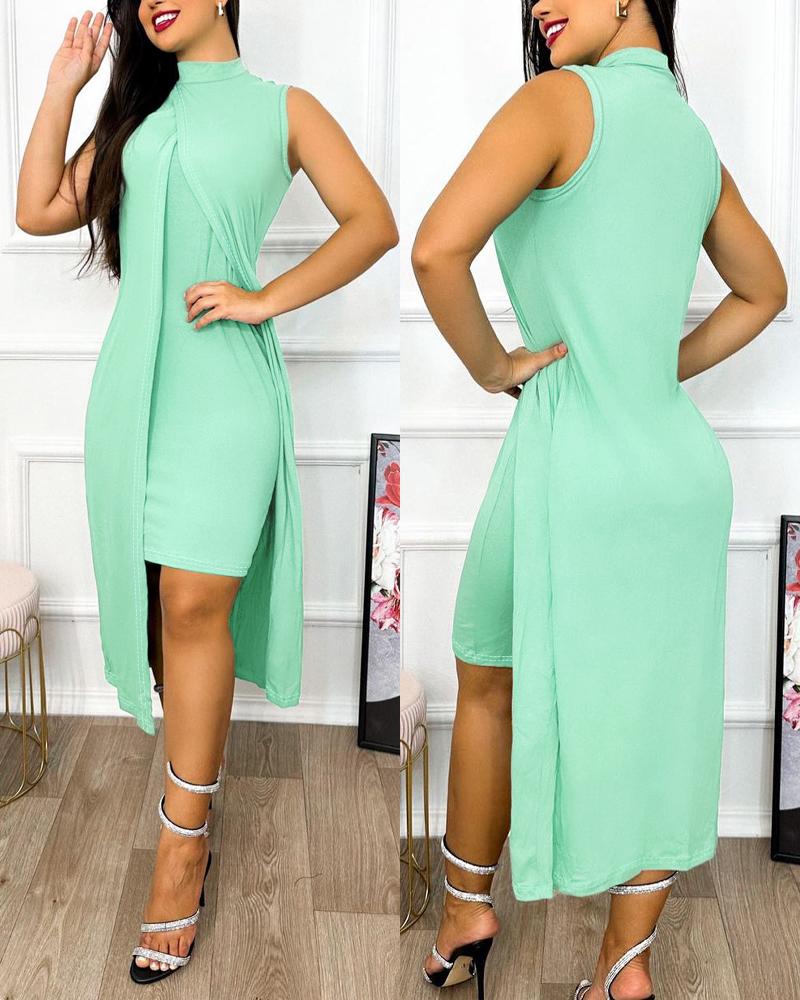 

Slit Asymmetrical Sleeveless Casual Dress, Green