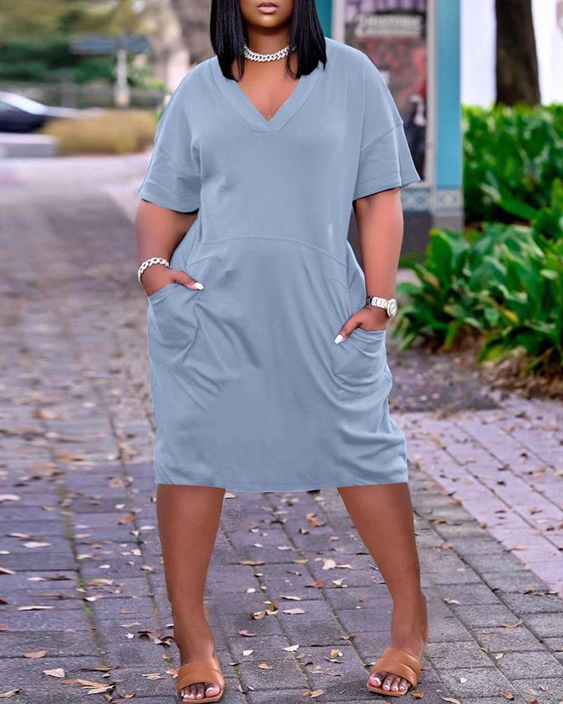 

Pocket Design Short Sleeve Casual Dress, Gray