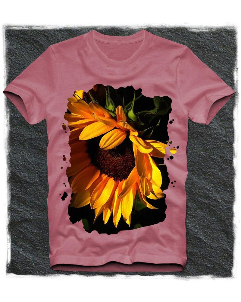 

Sunflower Print Short Sleeve Loose T-shirts, Pink