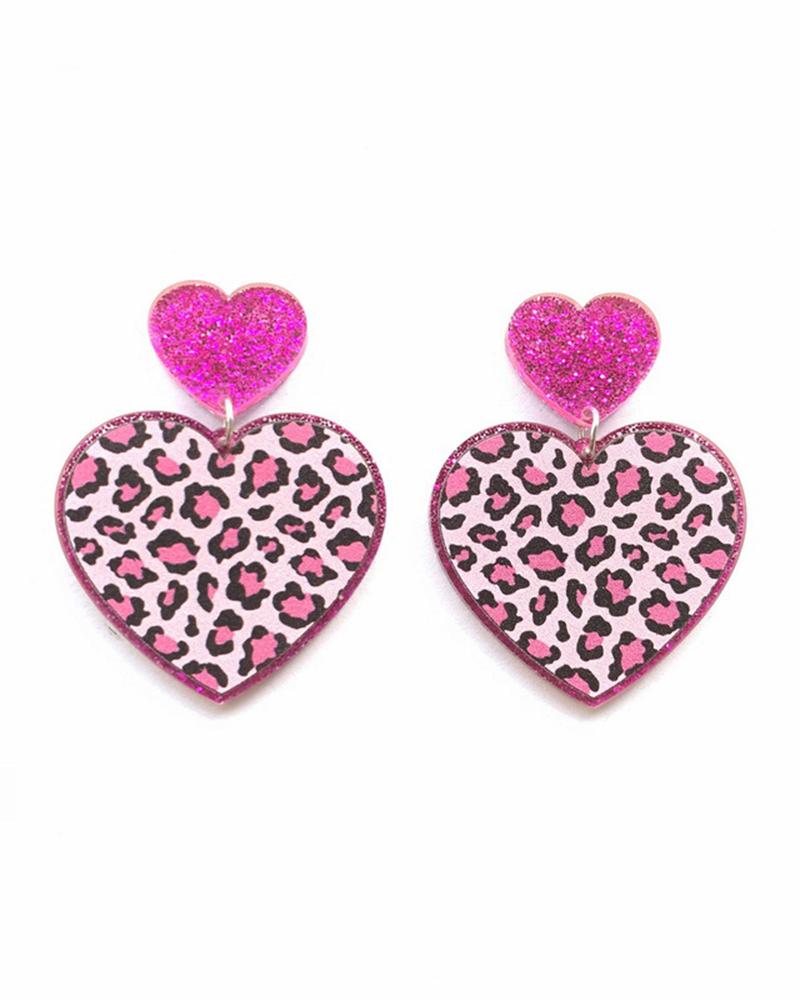 

1Pair Valentine's Day Cheetah Heart Drop Earrings, Pink