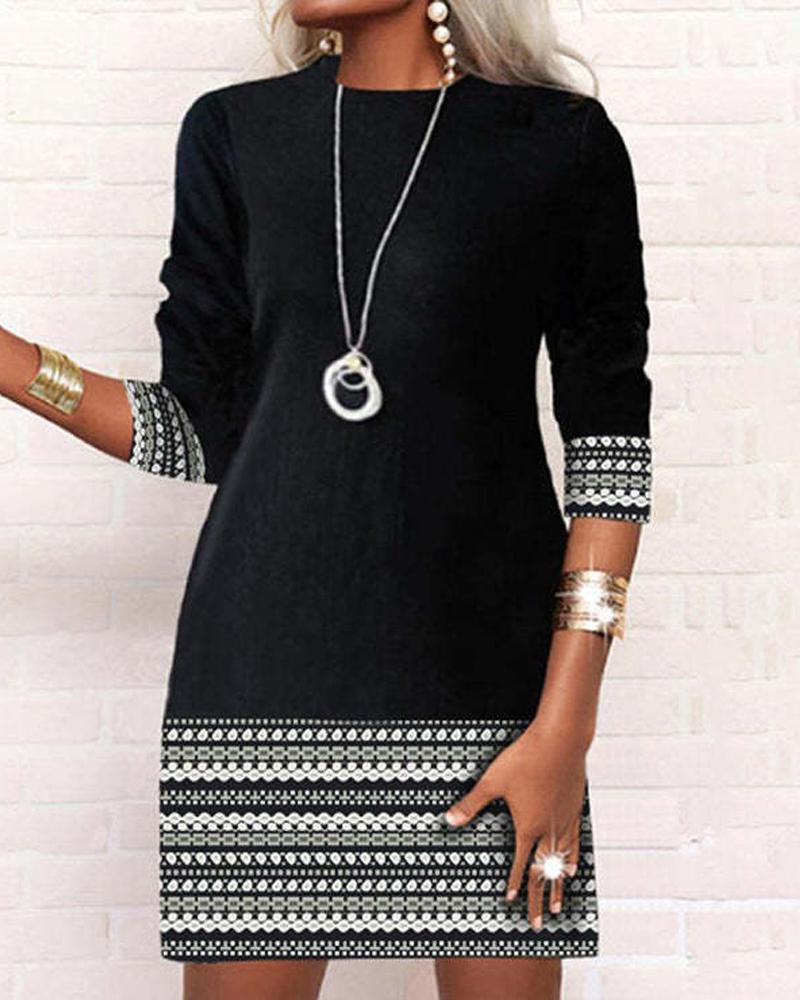 

Geometric Print Long Sleeve Casual Dress, Black
