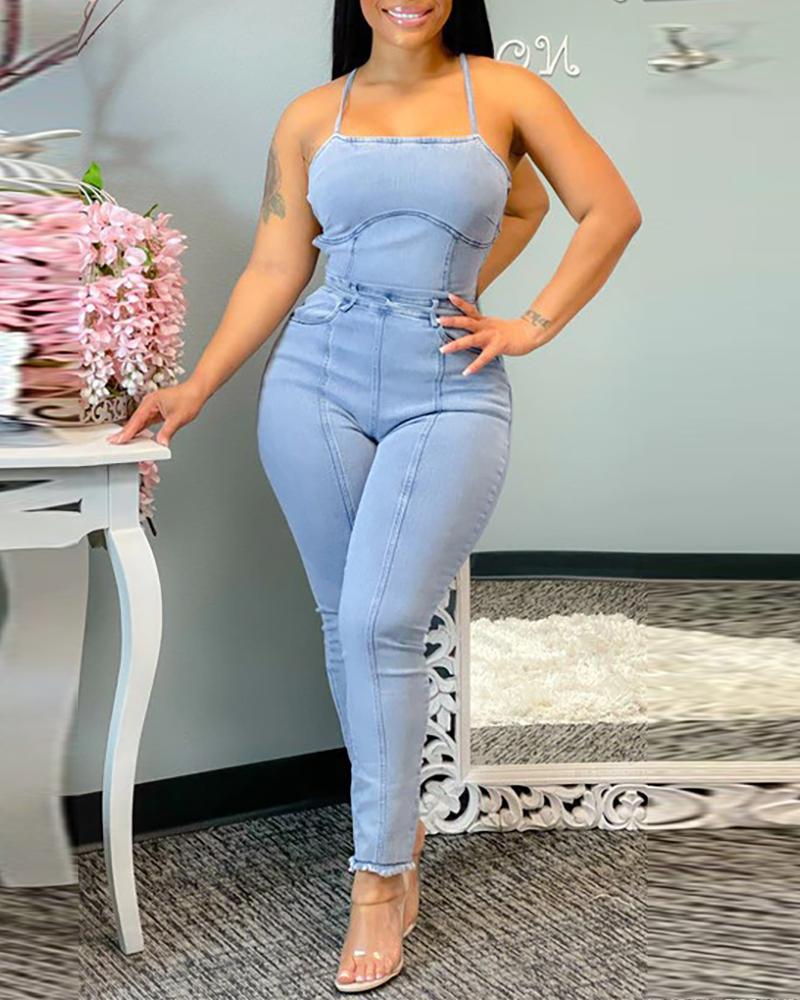 

Square Neck Lace Up Denim Jumpsuit, Blue