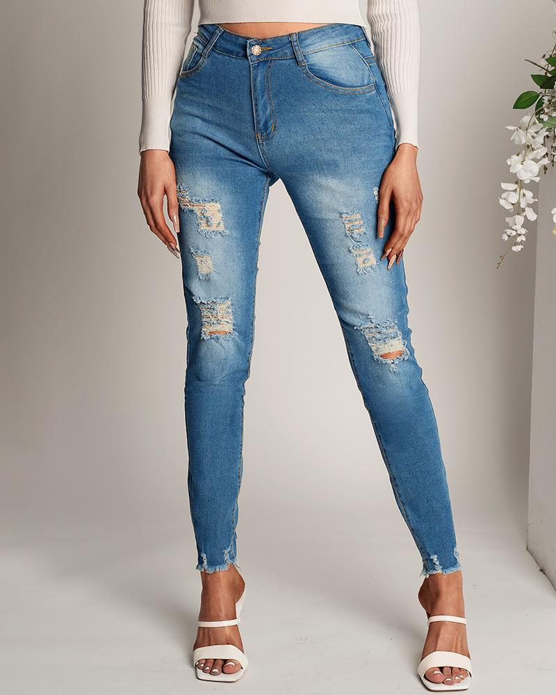 

Ripped Cutout Fringe Hem Casual Jeans, Blue