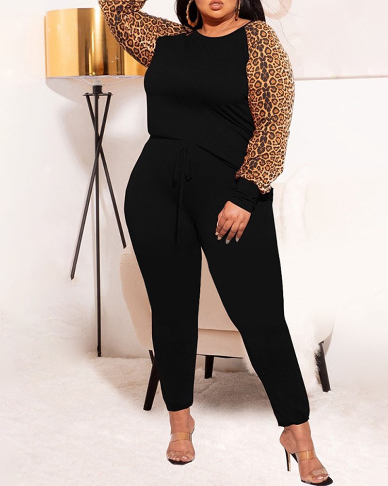 

Plus Size Leopard Print Long Sleeve Top & Pants Set, Black