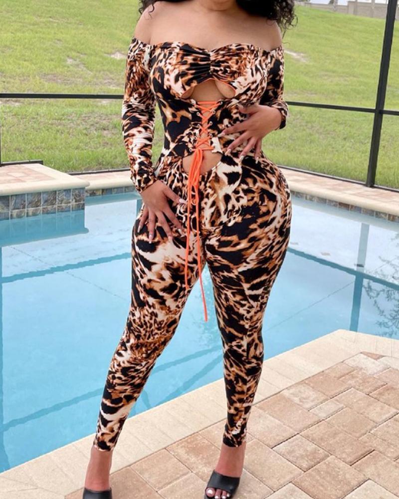 

Leopard Print Off Shoulder Cut-Out Lace-Up Ruched Jumpsuit