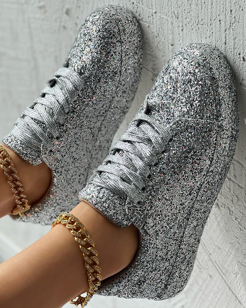 

Glitter Lace--up Sneakers, Silver