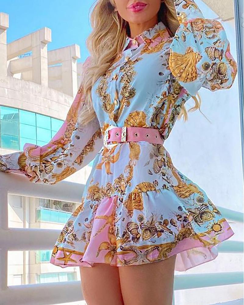 

Graphic Print Lantern Sleeve Ruffles Dress, Blue