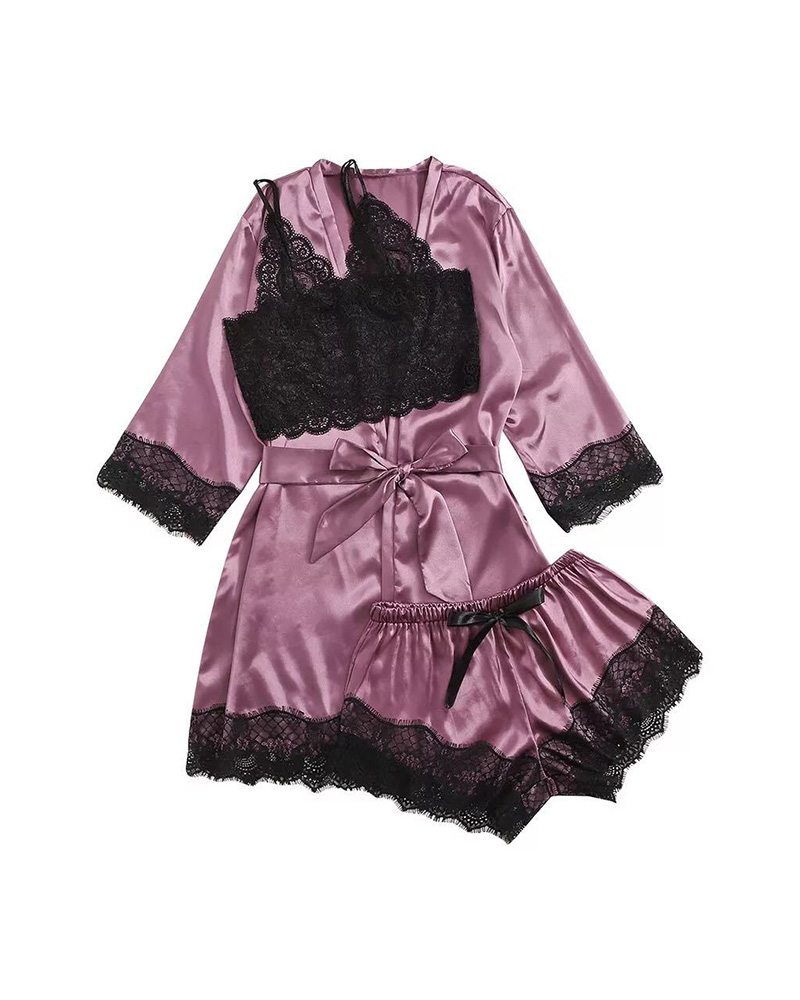 

3PCS Lace Trim Satin Sexy Sleepwear, Purple