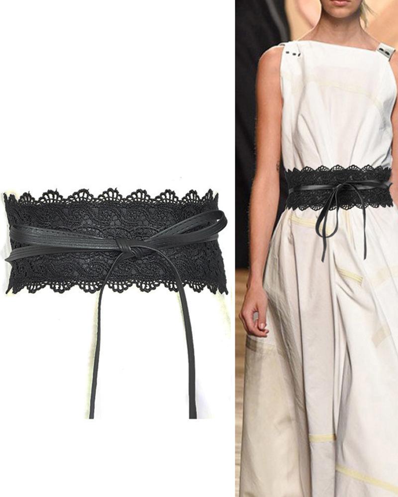 

Tied Detail Lace Trim Waist Belt, Black