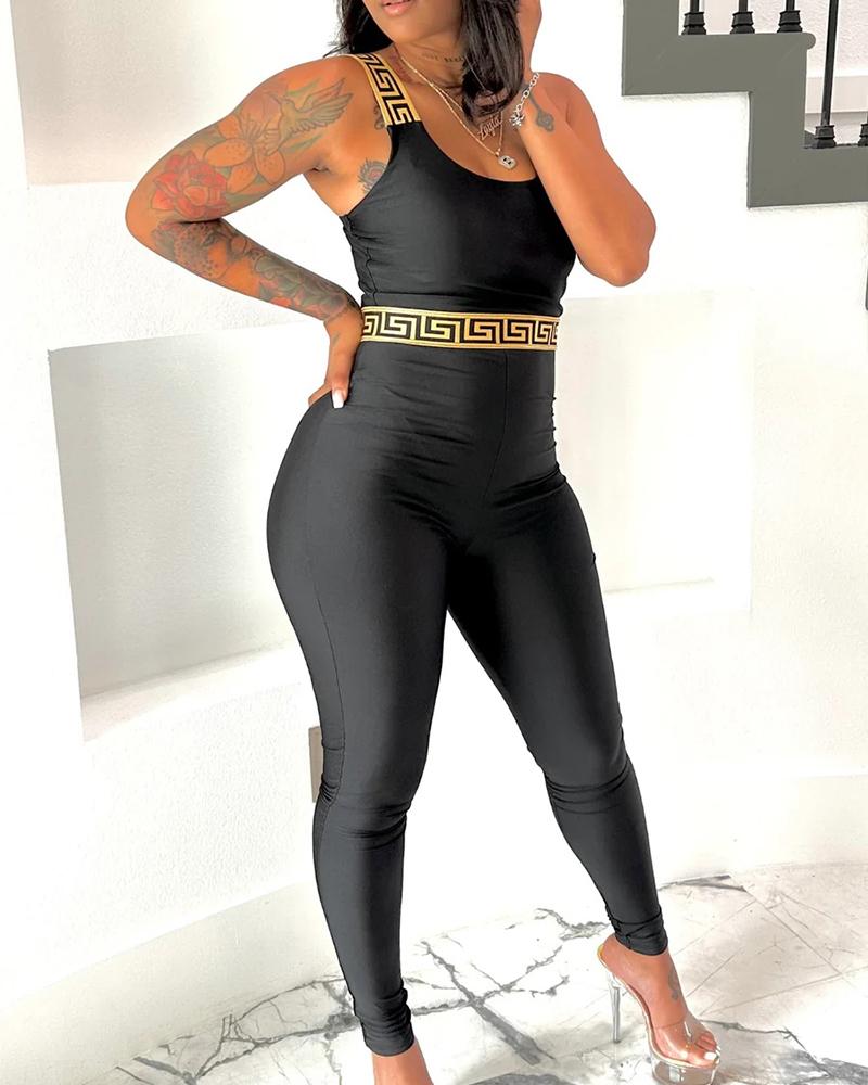 

Geo Tape Patch Round Neck Sleeveless Jumpsuit, Black