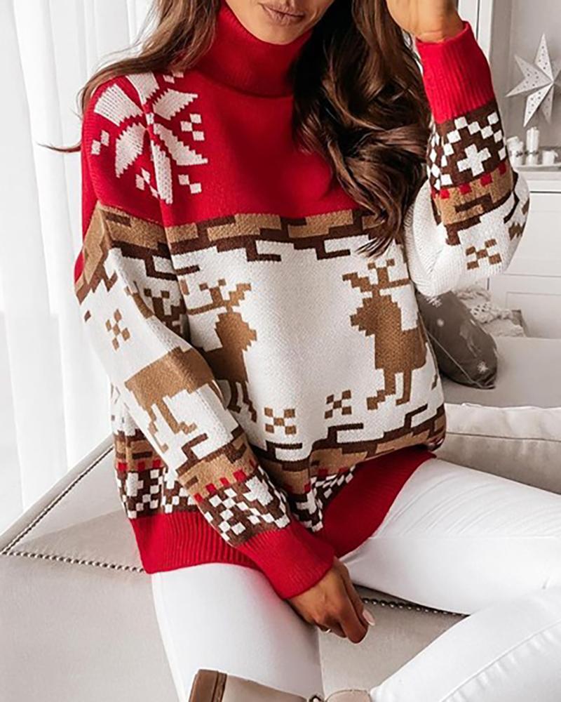 

High Neck Christmas Deer / Snowflake Print Knit Sweater, Red