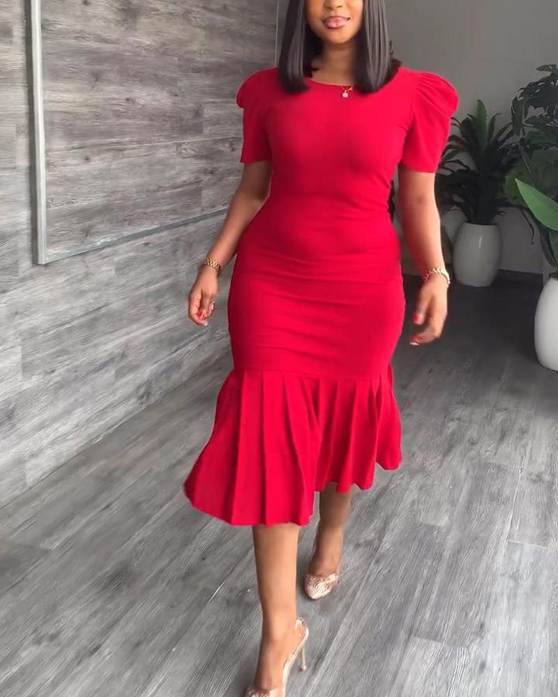 

Round Neck Puff Sleeve Pleated Work Dress, Red