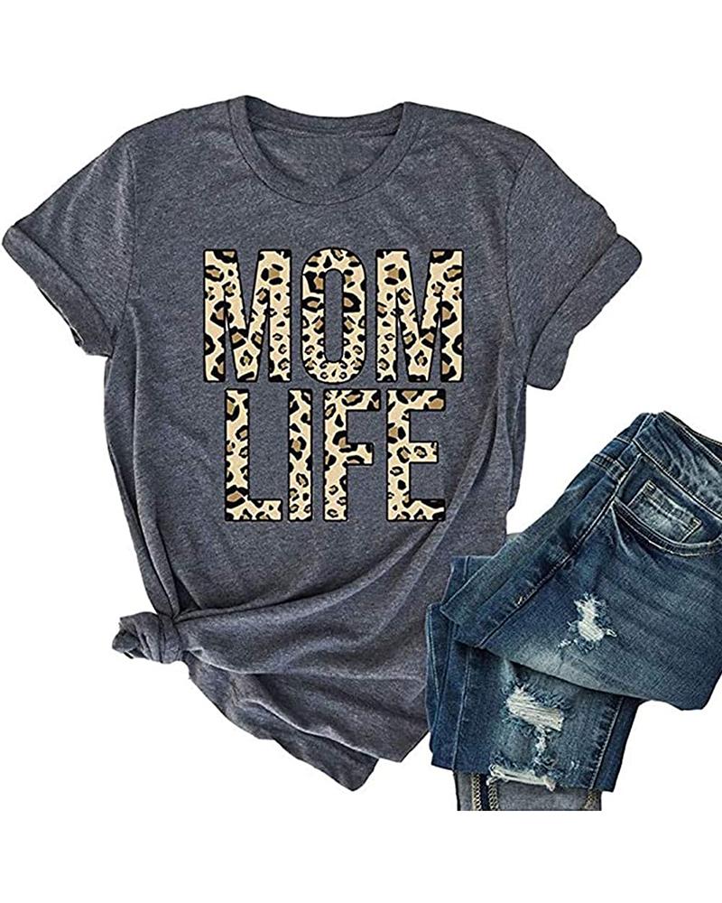 

Mother' Day Leopard Letter Print Casual T-Shirt, Dark grey