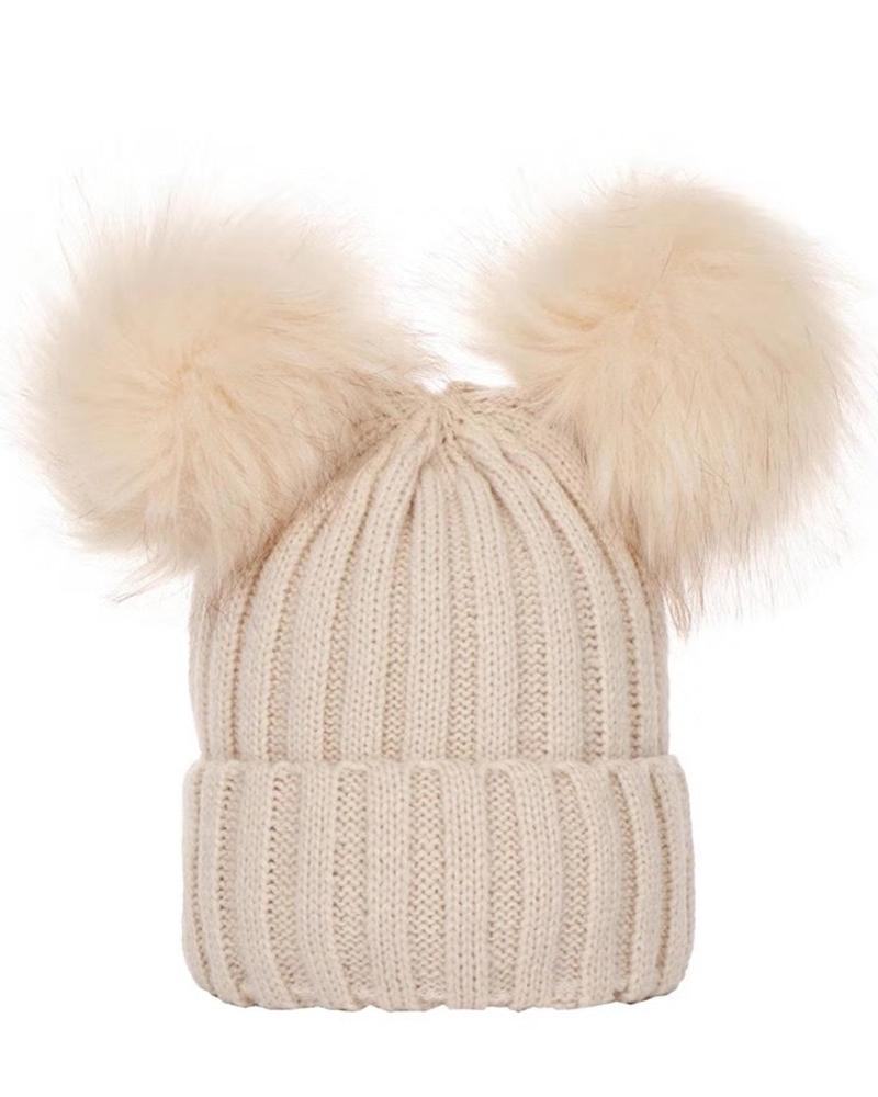 

Double Pom Pom Decor Knit Cuffed Beanie For Adult, Beige