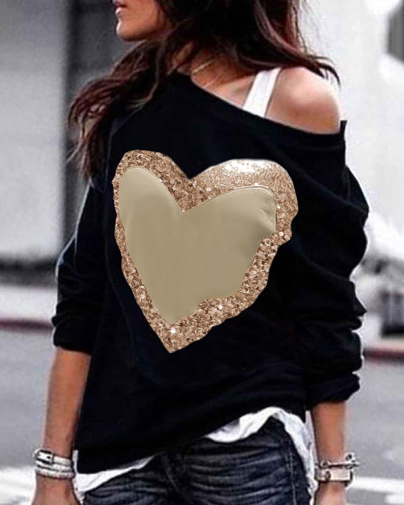 

Valentine' Day Sequin Heart Patch Long Sleeve Sweatshirt, Black