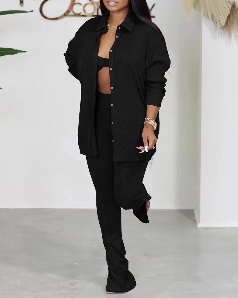 

3PCS Ribbed Button Down Shirt & Pants Set With Crop Top, Black
