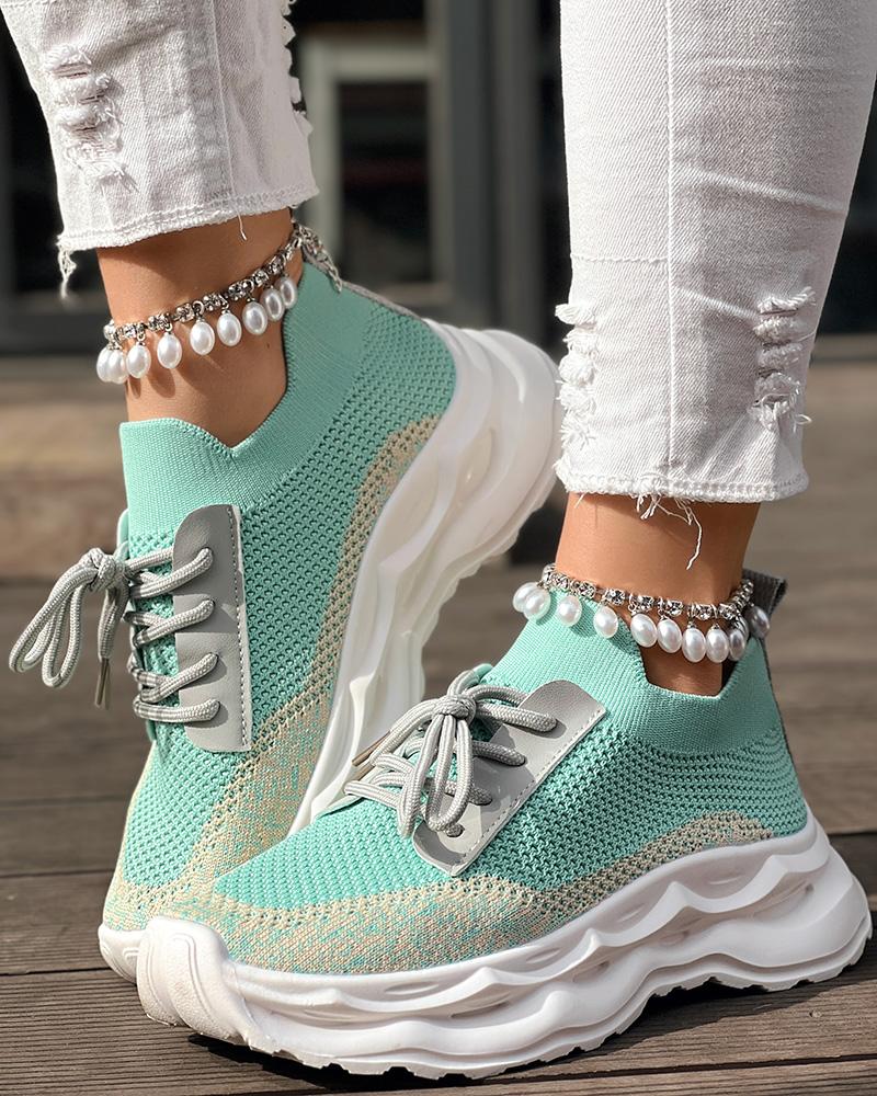 

Colorblock Lace-up Breathable Sneakers, Light green