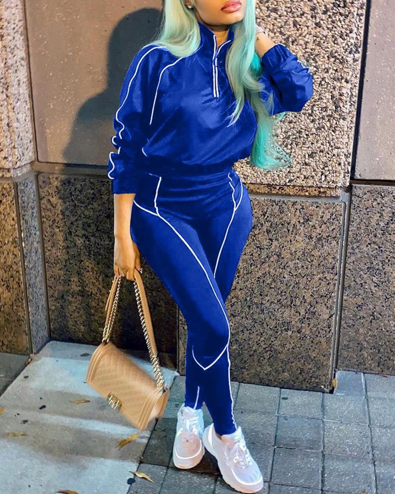 

High Neck Zipper Design Top & High Wait Pants Set, Blue