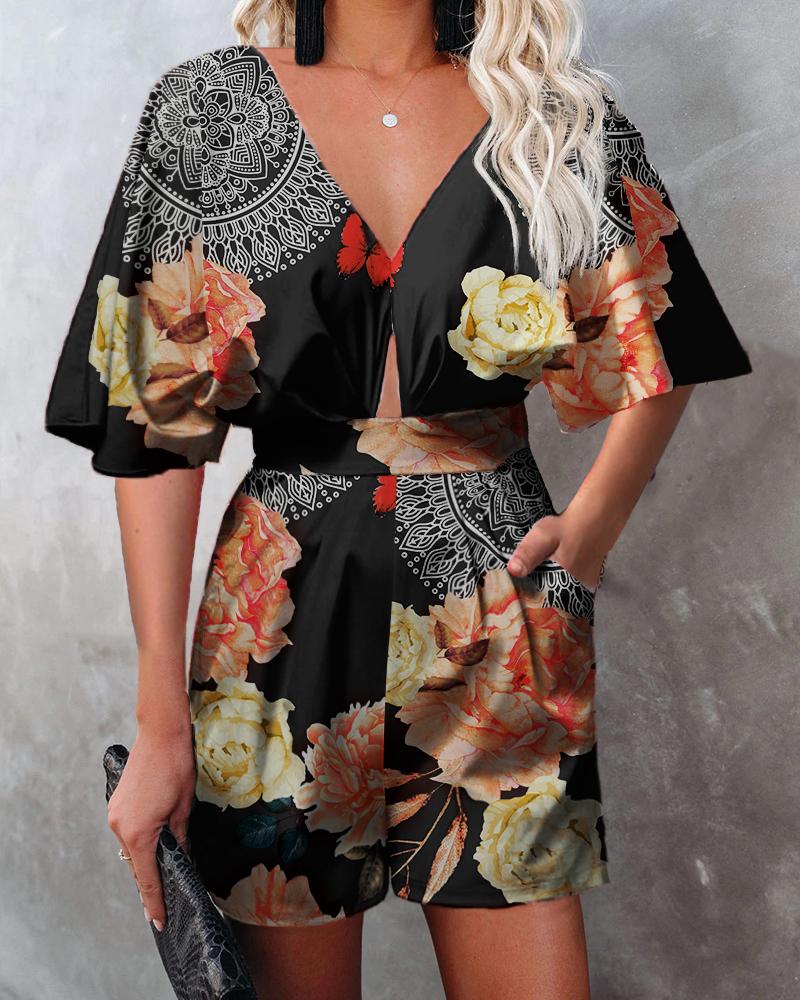 

V-neck Floral Print Knotted Front Bell Sleeve Loose Romper, Black