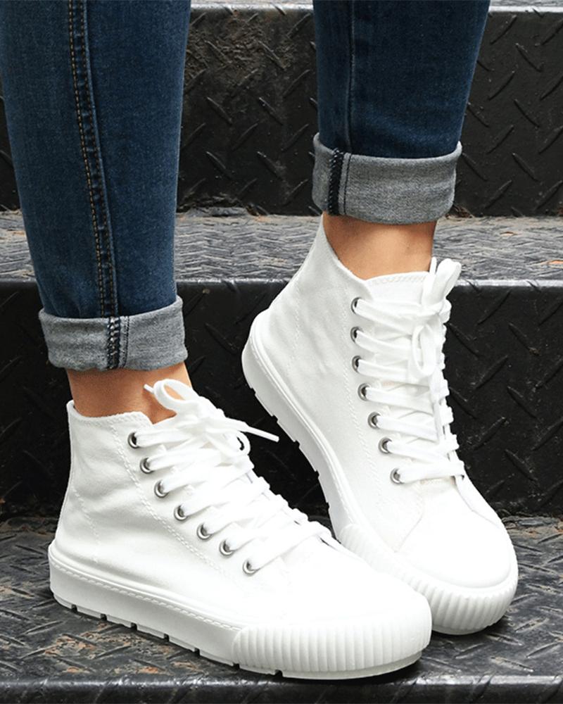 

Round-toe Solid Color Lace-up High-top Sneakers, White