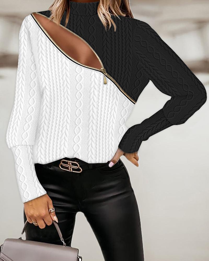 

Colorblock Zipper Design Cable Textured Top, Black