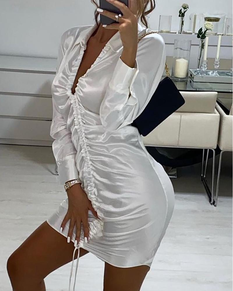 

Long Sleeve Satin Ruched Drawstring Shirt Dress, White