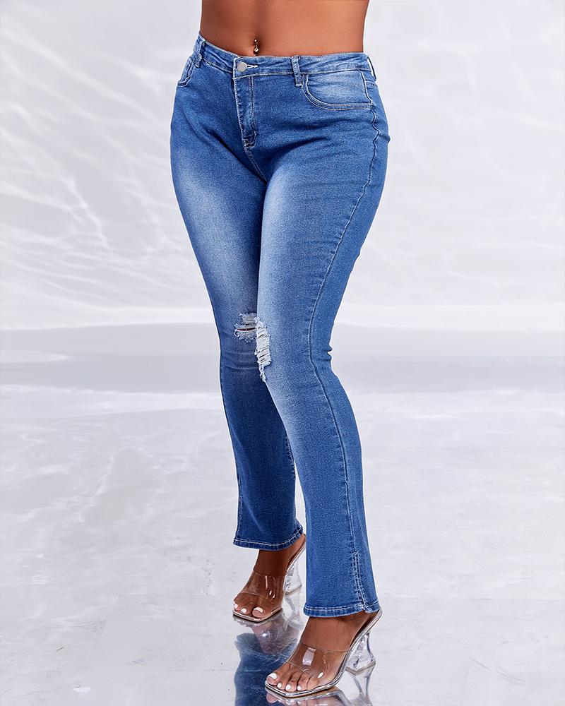 

High Waist Ripped Slit Bootcut Jeans, Dark blue