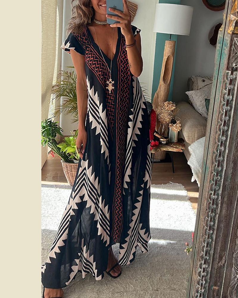 

Geometric Print Cap Sleeve Casual Maxi Dress, Black