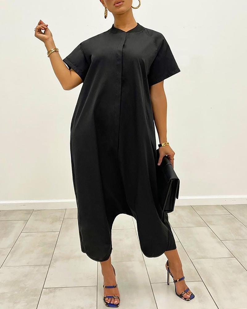 

O Neck Short Sleeve Casual Harem Jumpsuit, Black