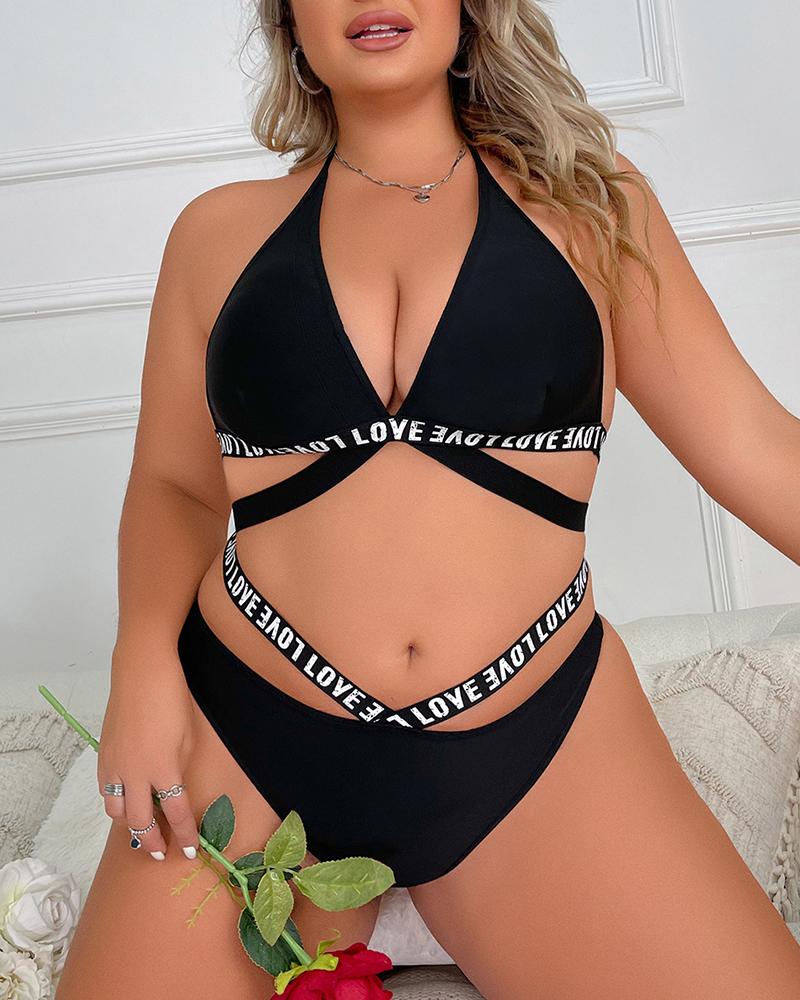 

Plus Size Love Letter Pattern Hollow Out Lingerie Set, Black